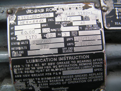 P & h 60 hp slip ring crane motor 1170 rpm, fr hew-444X