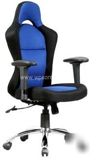 Race car inspired bucket seat office chair in blue & bk