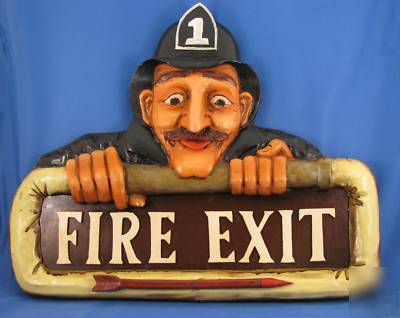 Comical fire exit sign with vintage ing fireman