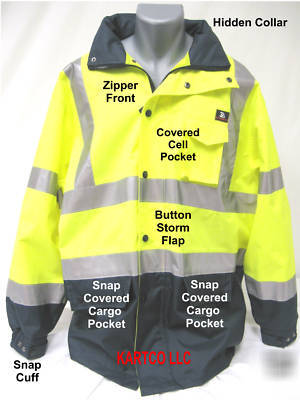 Hi-viz lime/grn waterproof rain coat-black collar- 4XL