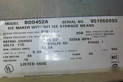 Ice machine 400 lb on 500 lb bin maker cube air cooled 