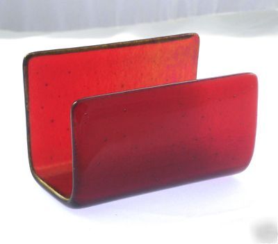Desk business card holder artisan fused glass red