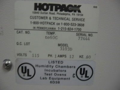 Hotpack 3103D dry wall CO2 humidity incubator: tested