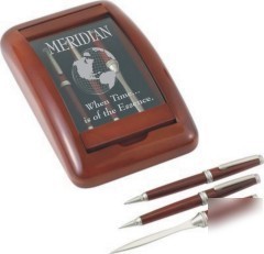 Pen, pencil and letter opener in a wood & glass case 