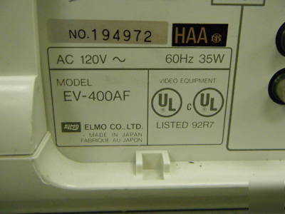 Elmo ev-400 af visual presenter tested & working w/cbl