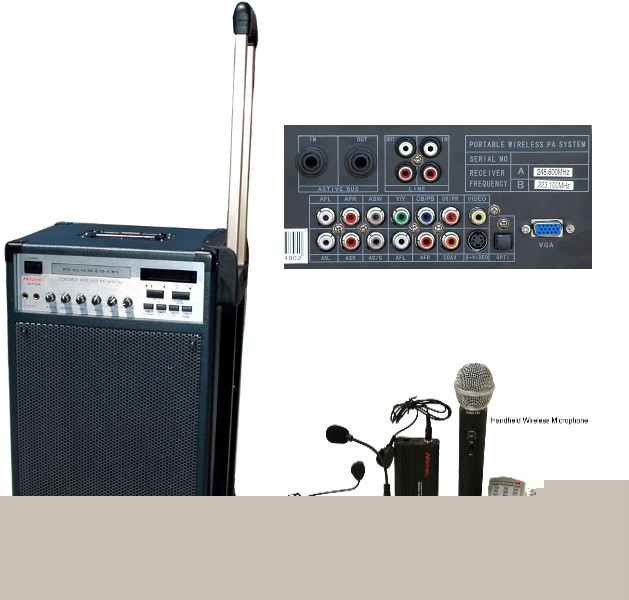 70 watt ac/dc portable pa + 2 mics + cd/dvd + remote +