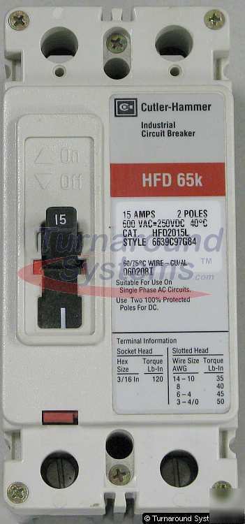 Cutler-hammer HFD2015L circuit breaker, 15 amp, 600VAC