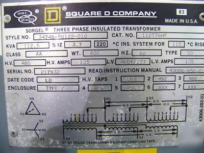 Square d watchdog transformer -112.5 kva - 480/480Y/277