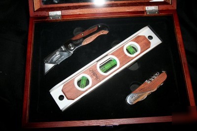 New stainless pocket knife and level gift wood tool set