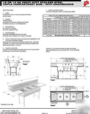 Sink 3 compartment nsf approved heavy duty 16GA, m size