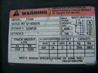2006 mitsubishi FD30 diesel 5,800 lb forklift
