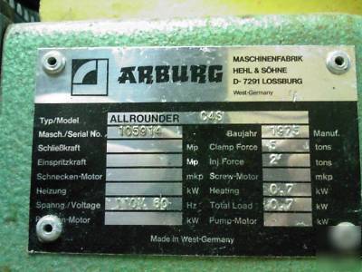 Plastic injection, arburg C4/s 5 ton, 2 ton, 110 volt, 