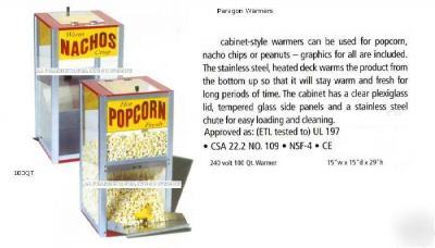 New paragon nacho/popcorn warmer 100QT 240V cabinet- 