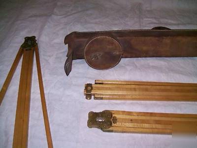 Vintage plum bob tripod and leather case, wood & brass