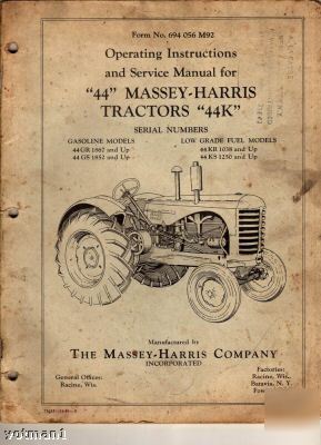 Operating instructions massey-harris 44K tractor, 1949