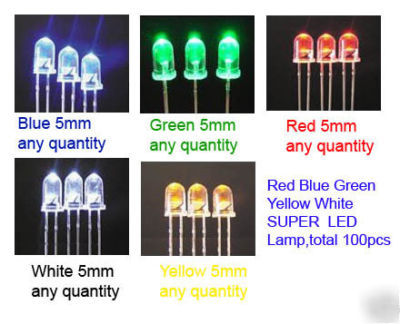 100 x 5MM red blue green yellow white led & resistors