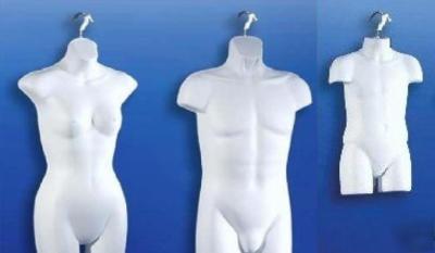 Three mannequin male female youth dress form whiteorblk