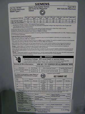 Siemens hd 60 a 600 v 3P safety switch fuse disconnect