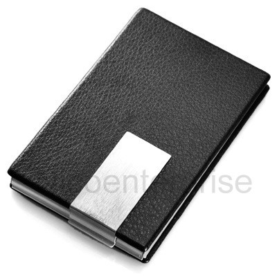 Engravable metal black leather id name card holder case