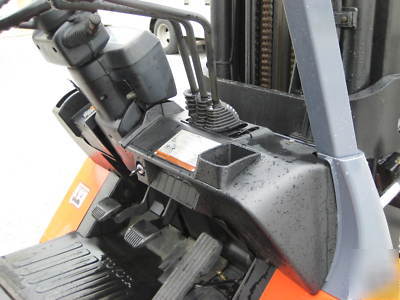 Toyota 5,000# pneumatic forklift, dual fuel, quad mast 