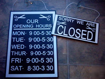 Open-closed +opening hours sign,signs,barber,salon,shop