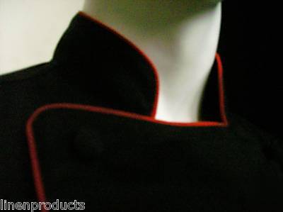 Coat chef jacket ml reg jet black red trim button gift