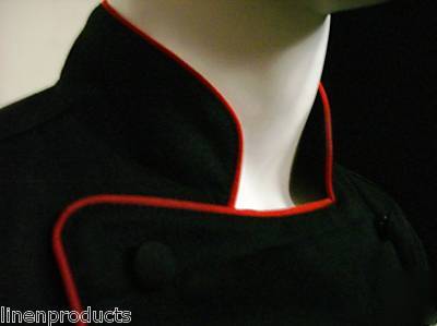 Coat chef jacket ml reg jet black red trim button gift