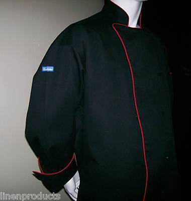 Coat chef jacket ml reg jet black red trim button gift