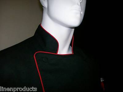 Coat chef jacket ml reg jet black red trim button gift