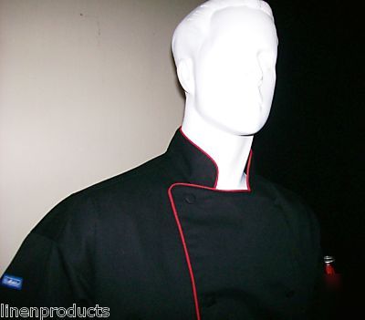 Coat chef jacket ml reg jet black red trim button gift