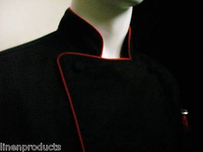 Coat chef jacket ml reg jet black red trim button gift