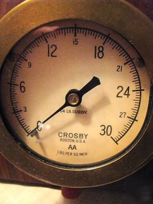 Vintage crosby boston aa brass pressure gauge mounted