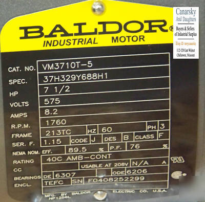 New 1 baldor VM3710T-5 7 1/2 hp 575 volt electric motor