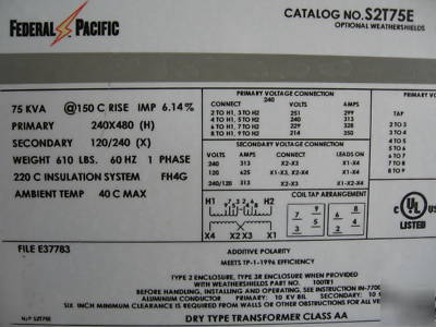 75 kva transformer pri 240X480 120/240 1 ph dry type