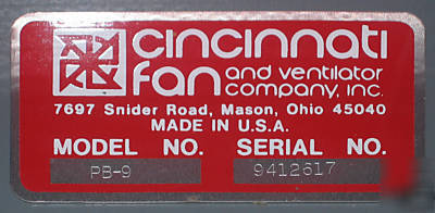 Cincinatti fan pb-9, 1/2 hp blower