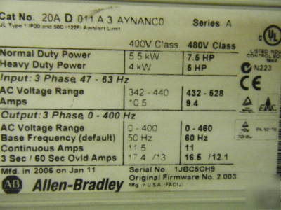 Ab powerflex 70 vfd 7.5 hp 480 v 3 ph 