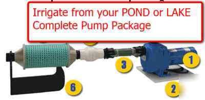 Lawn garden irrigation water pump pkg from lake or pond