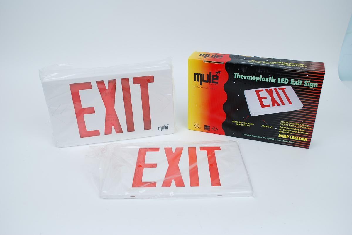 New mule led exit sign damp loc rated batt backup mxbru