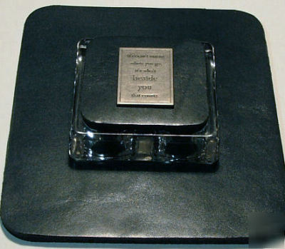  leather mouse pad & glass paperweight set - black-teal