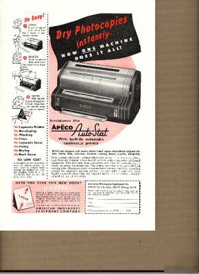 1955 ad~apeco auto-stat~dry photocopies instantly