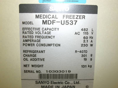 Sanyo mdf-U537 17.0 cu. ft.-20 biomedical freezer