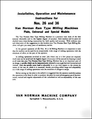 Van norman nos 26 & 36 operation & parts manual