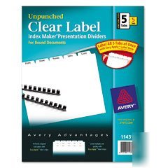 Index divider, 5 tab, unpunched, clear, 5 sets/pack ave