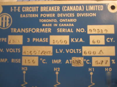 Ite dry transformer 1000 kva 4160Y/2400 - 600 delta