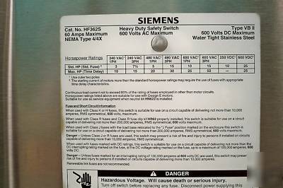 Stainless siemens HF362S 60 a disconnect safety switch 