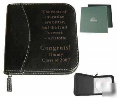 Personalized black leather cd / dvd zipper case holder