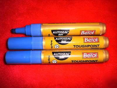 3 berol tough point autoseal wedge markers blue ink