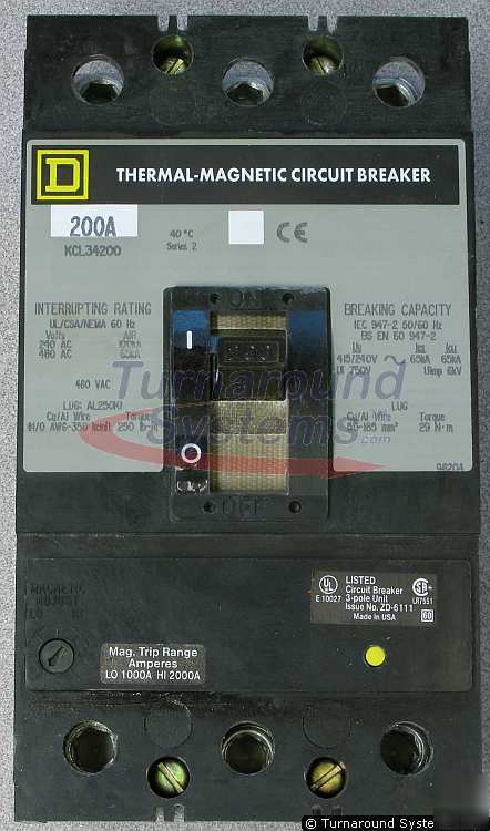 Square d KCL34200 breaker, 200 amp 480 v, 3P, 65 kair