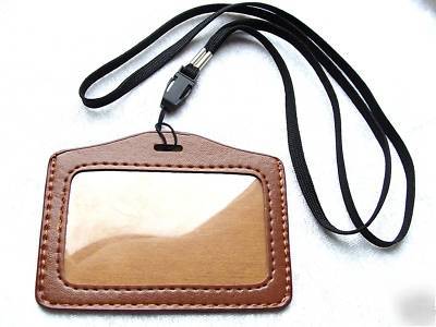 Tan faux leather horizontal id card pass holder & strap