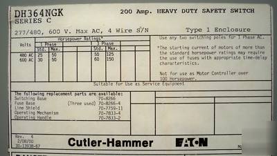 Cutler hammer DH364NGK 200 a safety disconnect switch 